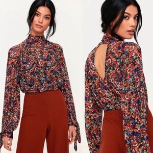 Free People All Dolled Up Floral Mesh Long Sleeve Crop Blouse